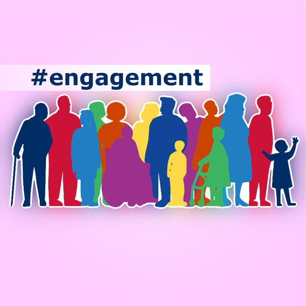 Das Logo des Ehrenamtsmanagement. Viele bunte, gezeichnete Personen mit der Aufschrift "#engagement"