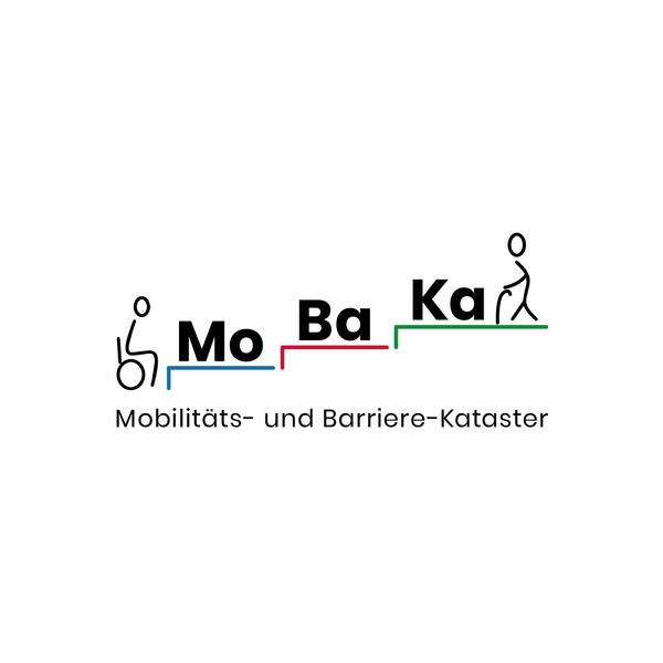 Das Logo des projektes "MoBaKa". Es stellt eine Treppe dar. Unten steht eine Person im Rollstuhl. Oben steht eine Person mit Krückstock. Die Unterschrift lautet "Mobilitäts- und Barriere-Katatster".