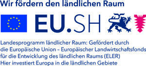 Das Logo des europäischen Landwirtschaftsfonds für die Entwicklung des ländlichen Raums (ELER). zu sehen ist das schleswig-holsteinische Wappen und die Flagge der EU.