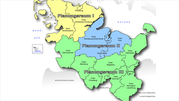 Eine Karte von Schleswig-Holstein mit drei unterschiedlich gefärbten Bereichen, die jeweils für einen Planungsraum stehen.