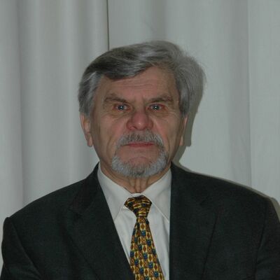 Ein Bild eines Mannes vor grauem Hintergrund. Er trgt einen schwarzen Anzug und eine Krawatte.