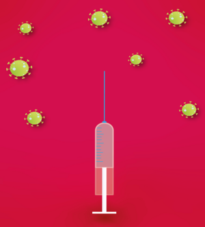 Eine Spritze vor rotem Hintergrund. Darüber befinden sich mehrere gelbe Kreise mit kleinen Gliedern, die die Rezeptoren eines Virus darstellen sollen.