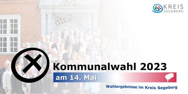 Die Mitglieder des Kreistages und ein Schriftzug zu den Kommunalwahlen 2023 mit einem großen Wahlkreuz in einem Kreis.