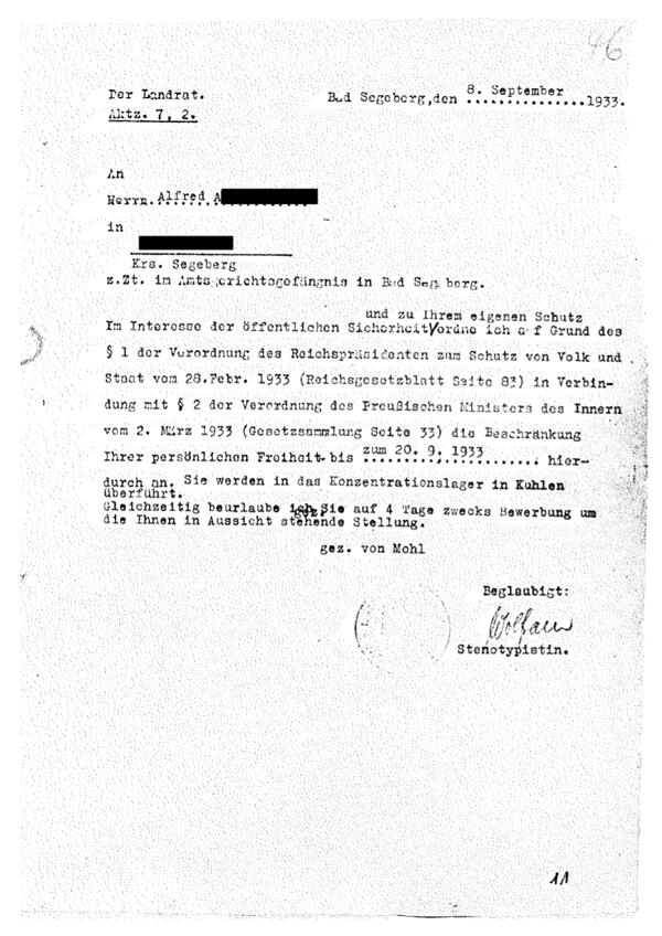Anordnung der Schutzhaft durch Landrat Waldemar von Mohl am 8.9.1933