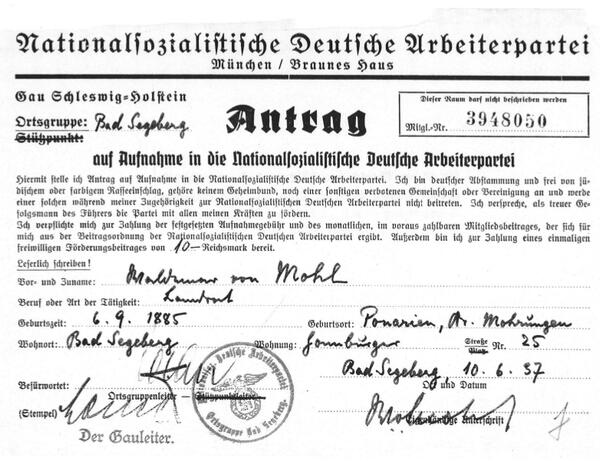 Ein Antrag des ehemaligen Landrats Waldemar von Mohl auf Mitgliedschaft in der NSDAP.