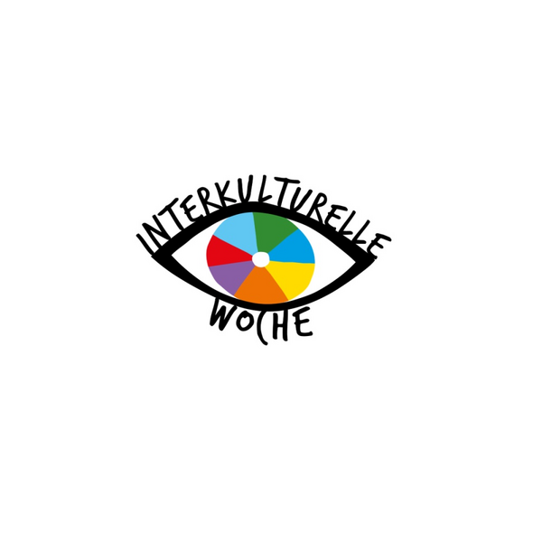 Logo der Interkulturellen Woche: Ein gezeichnetes Auge mit einer bunten Pupille.
