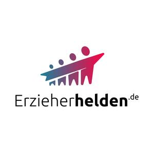 Zu sehen ist ein Logo mit der Aufschrift "Erzieherhelden.de". Darüber sind vier gezeichnete, zusammenhängende Personen zu sehen. Diese bestehen aus einem Farbverlauf von türkis bis pink.
