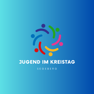Das Logo von Jugend im Kreistag besteht aus den Köpfen und Armen von Strichmännchen auf hellblauem Grund. Die mehrfarbigen Figuren sind im Kreis angeordnet.