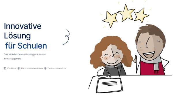 Ein gezeichnetes Mädchen und ein Junge sitzen an einem Tisch und bedienen ein Tablet.