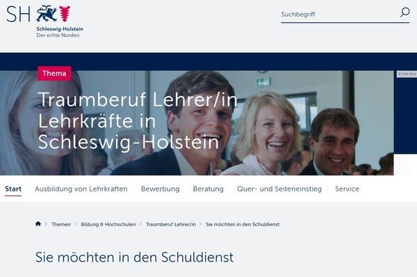Ein Screenshot der Landesseite mit einem Foto mehrerer Lehrkräfte.