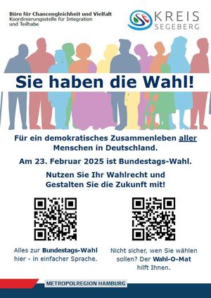 Viele Personen stehen comicartig und bunt zusammen. In der Mitte des Bildes steht "Sie haben die Wahl!"