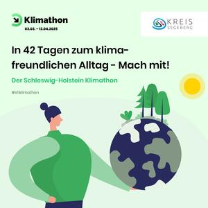 Ein grünes Plakat. Darauf hält eine Person die Weltkugel in einer Hand.