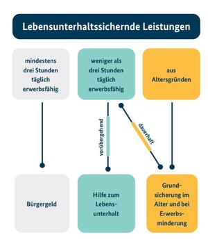 Ein Schaubild mit Pfeilen und Kästchen, die erklären, wer Leistungen für den Lebensunterhalt in der Sozialhilfe beziehen kann.