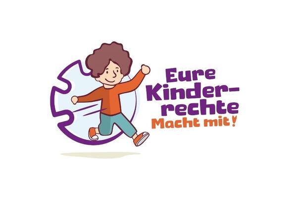 Ein Comic-Kind läuft oder hüpft in Richtung Betrachter*in. Daneben steht in lila Buchstaben: Eure Kinderrechte - Macht mit!"