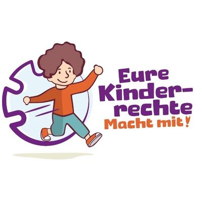 Ein Comic-Kind läuft oder hüpft in Richtung Betrachter*in. Daneben steht in lila Buchstaben: Eure Kinderrechte - Macht mit!"