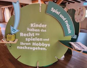 Ein Teil der Ausstellung: An einer kreisförmigen grünen Tafel steht: "Kinder haben das Recht zu spielen".