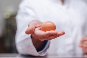 Eine Frau im wei&szlig;en Kittel h&auml;lt ein Ei in der Hand.