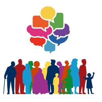 Umrisse von Menschen in verschiedenen Farben stehen zusammen. Dar&uuml;ber sind Sprechblasen.