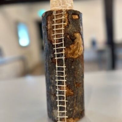 Ein rundes St&uuml;ck Holz mit Rinde steht hochkant auf einem Tisch. An der Seite ist eine Leiter befestigt.