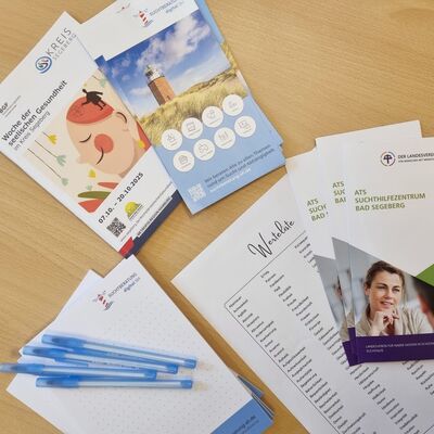 Mehrere Flyer und Hefte liegen auf einem Holztisch.