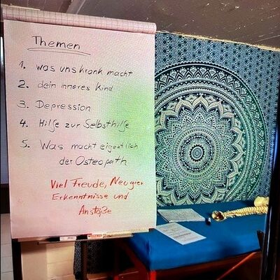 Eine wei&szlig;e Papierwand mit dem Themenablauf der Veranstaltung.