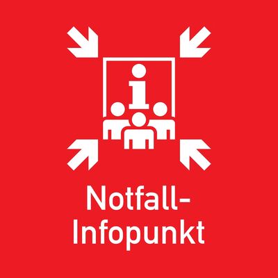 Auf rotem Hintergrund sieht man drei Personen in wei&szlig; und ein "i". Vier wei&szlig;e Pfeile zeigen auf das "i".