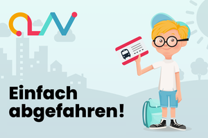 Ein Junge mit Schulranzen hält eine Fahrkarte in der Hand.