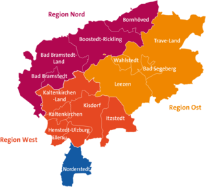 Eine Karte des Kreises mit vier unterschiedlich farblich markierten Regionen.