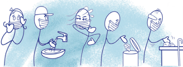 Blaue Comicfiguren niesen mit Mund-Nasenschutz in die Ellbeuge und waschen sich die Hände.