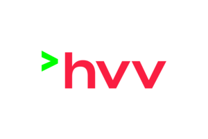 Eine Art hellgrüner Pfeil oder ein umgedrehtes v zeigt auf den roten Schriftzug hvv.